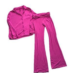 Skims Hot Pink Lounge Outfit Wide Leg Ribbed FoldoverPants and Matching Top Sz L